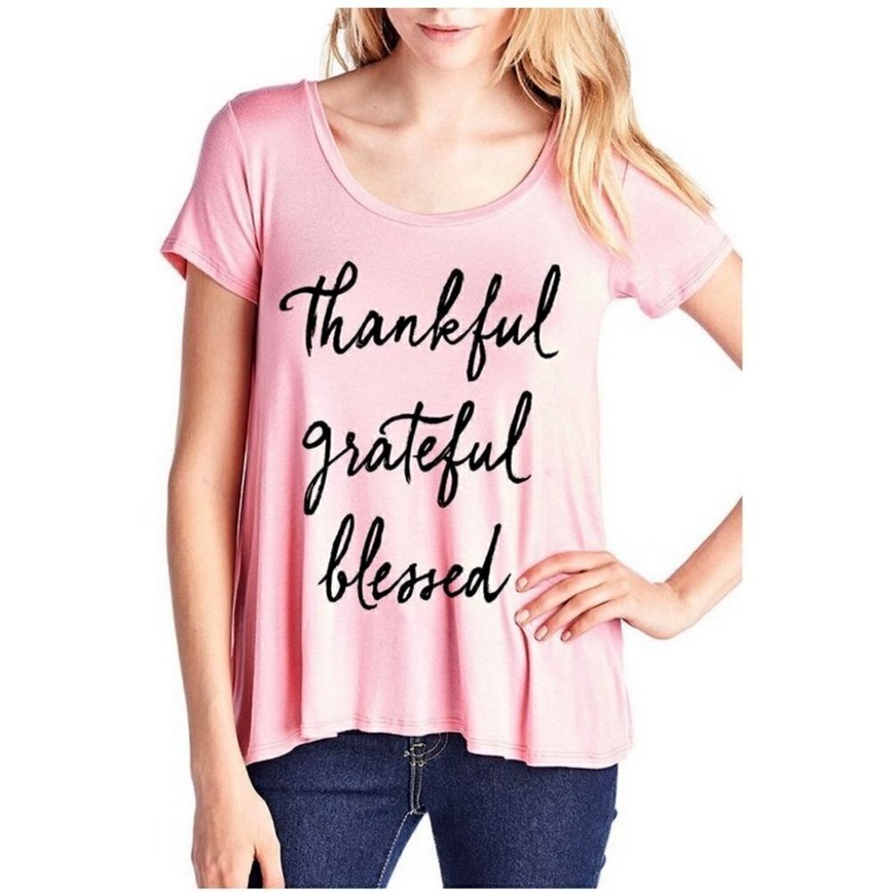 Womens Pink Thankful Grateful Blessed Flowy Rayon Stretch A Line Loose T-Shirt